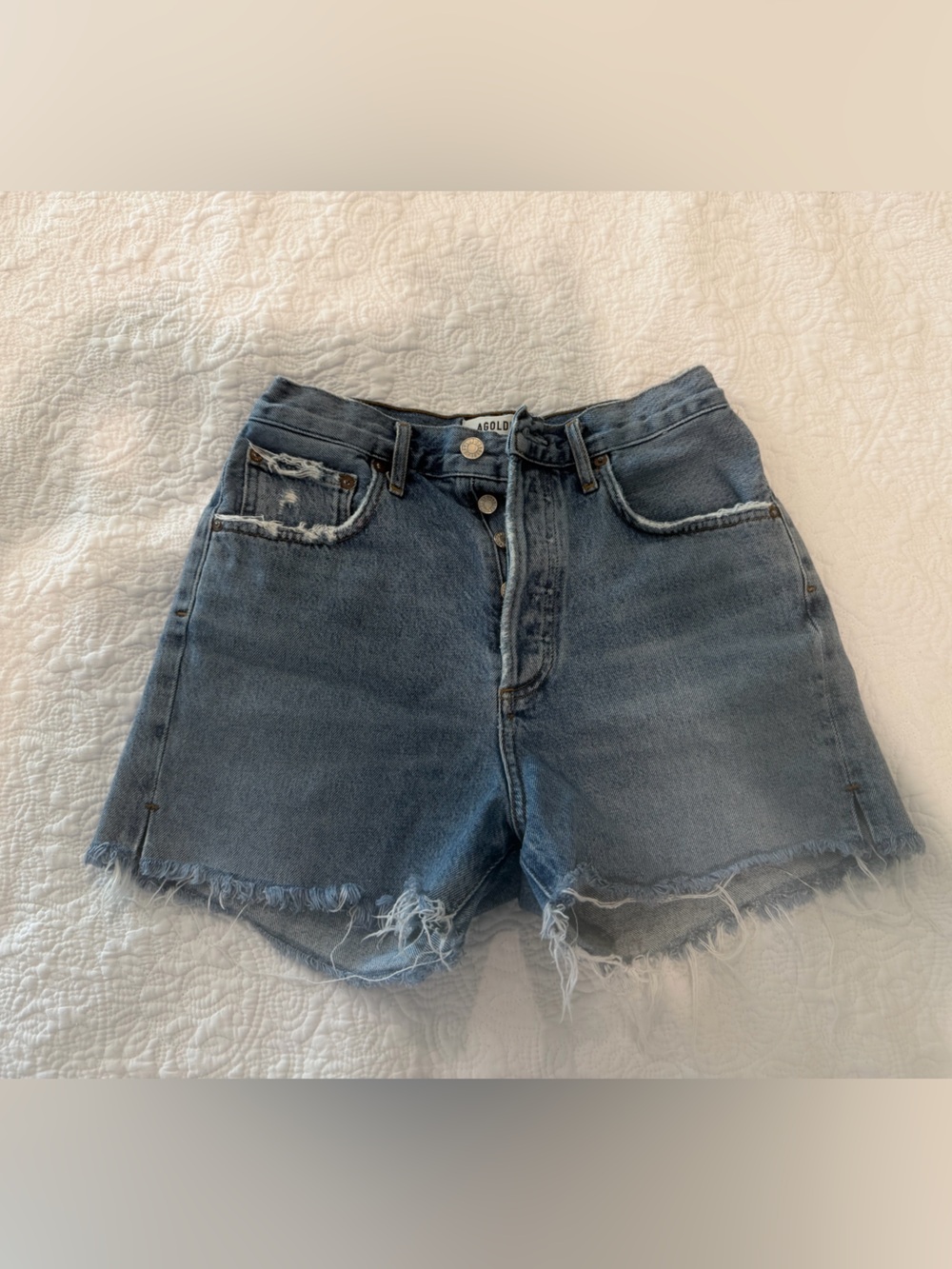 Agolde Distressed Frayed Hem Denim Shorts - Blue Wash